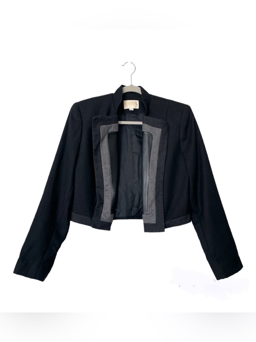 Alberto Makali Wool Cropped Open Front Black Blazer Jacket Leather Trim Size 6